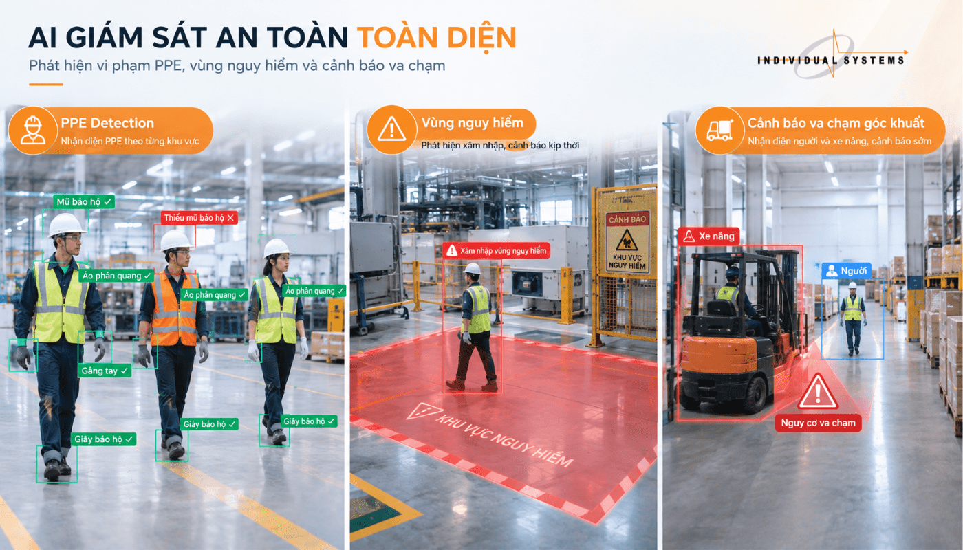 AI Vision phát hiện PPE, vùng nguy hiểm và nguy cơ va chạm trong nhà máy